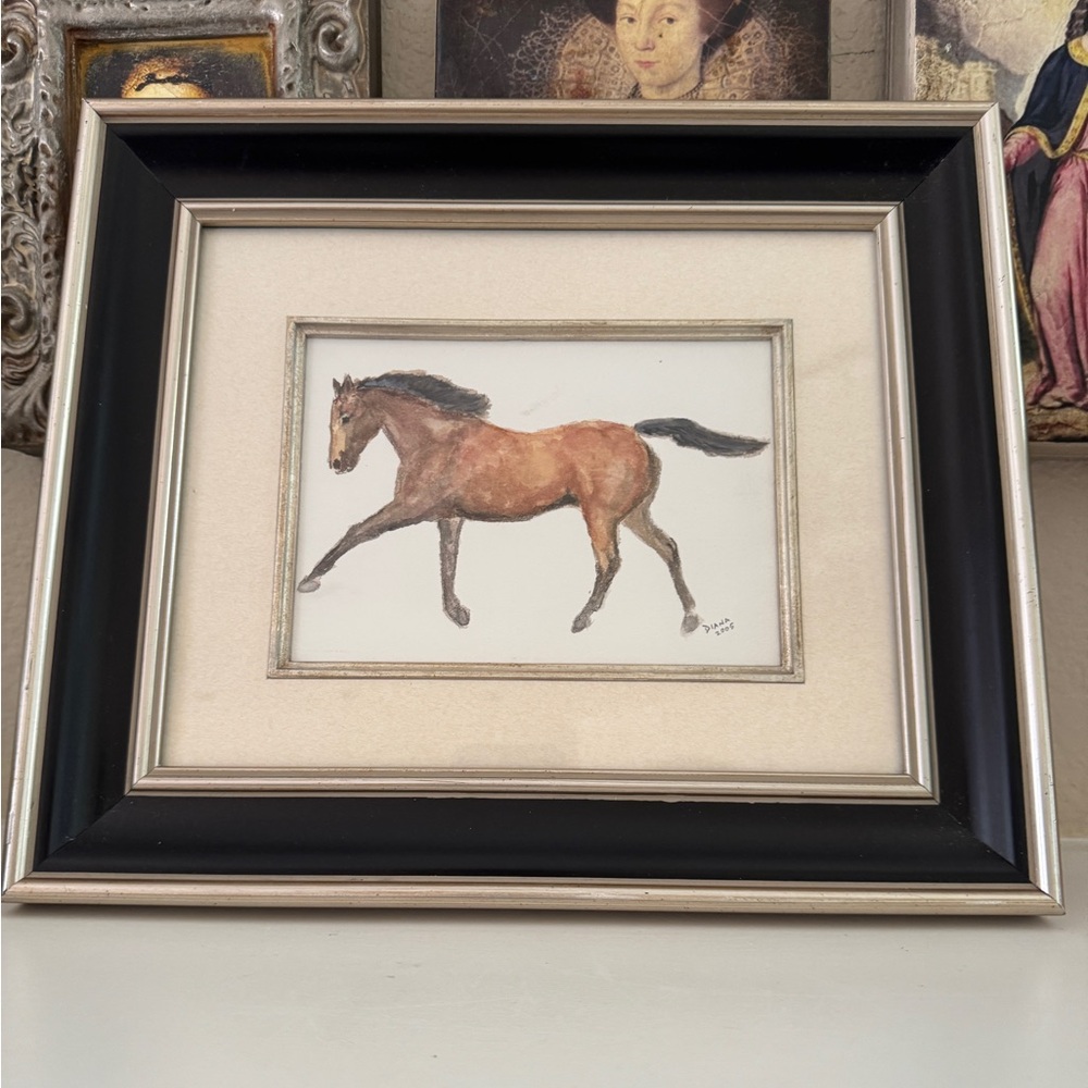 Framed Watercolor Horse Study Painting – Signed‎ “Diana 2005”
